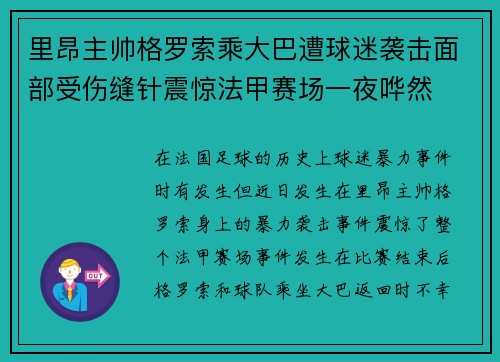 里昂主帅格罗索乘大巴遭球迷袭击面部受伤缝针震惊法甲赛场一夜哗然 里昂主帅格罗索乘大巴遭球迷袭击面部受伤缝针震惊法甲赛场一夜哗然