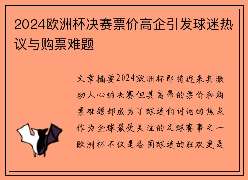 2024欧洲杯决赛票价高企引发球迷热议与购票难题